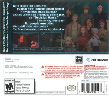 Zero Escape - Zero Time Dilemma (USA) box cover back